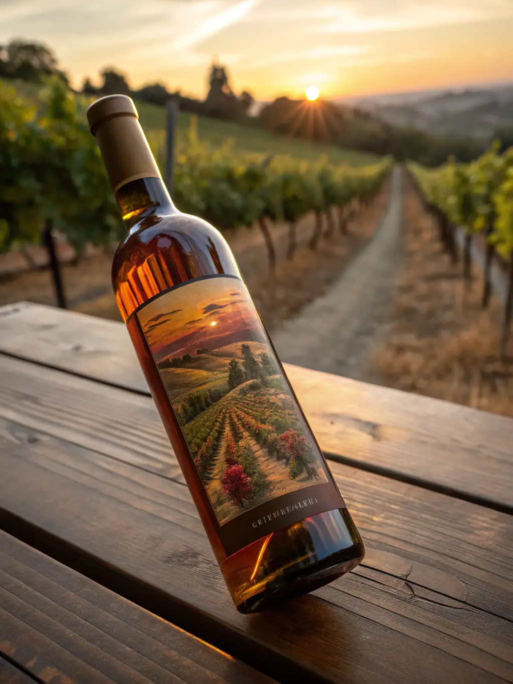 A bottle of FARDADO "a rigor" wine, showcasing its elegant label and the deep red color of the wine, placed against a backdrop of the Douro Valley vineyards at sunset.